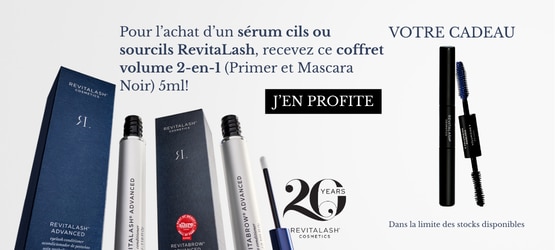 Promotion RevitaLash avec sérum cils/sourcils et set volume 2‑en‑1. 